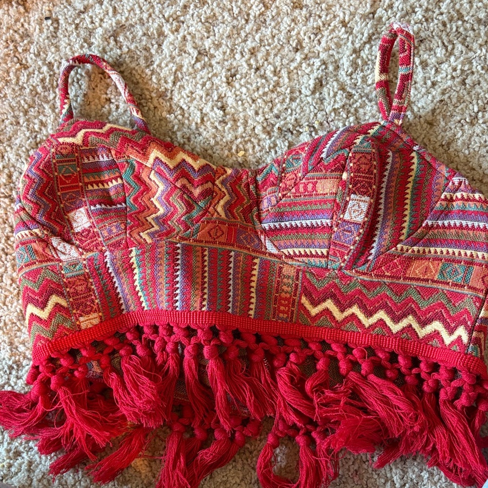Colorful Patterned Cider Crop Top with Fringe - Large